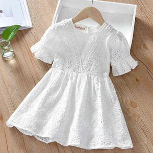 Summer Baby Girls Dress Short Sleeve Hollowed Out Cotton White Princess Dress Kids Party Dresses Casual Fashion Clothes G220428