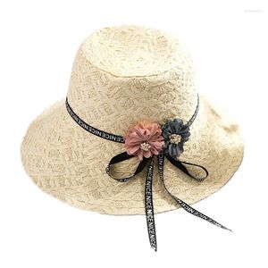 Summer Hat For Women Flowers Ribbon Visor Outdoor High Top Sun Straw UV Protection Fashion Design Wide Brim Hats Delm22