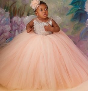 2022 Blush Pink Luxurious Flower Girl Dresses Lace Beaded Crystals Tutu Lilttle Kids Birthday Pageant Weddding Gowns ZJ5154