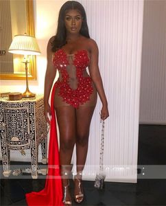 African Red Short Prom Dresses Beaded Appliques Party Gowns Strapless Mini Cocktail Robe De Soirée Femme