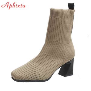Aphixta 2022 Spring Socks Boots 여성 스트레치 직물 탄성 정사각형 발 뒤꿈치 편안한 발목 부츠 신발 여성 큰 크기 43 보트 Y220729