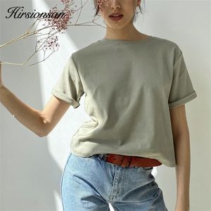 Hirsionsan 100% 면적 대형 T 셔츠 여성 Harajuku 기본 느슨한 짧은 슬리브 티 소프트 여성 단단한 탑 카키 여름 점퍼 220511