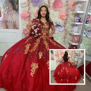Stunning Red Quinceanera Dresses With Gold Embellisment Sequined Sweet Elegant Off Shoulder Corset Prom Party Gowns