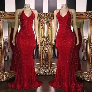 Wholesale simple elegant prom dresses for sale - Group buy Simple Elegant Red Sequined Evening Prom Dresses Sexy Spaghetti Strap Mermaid Halter Neck Long Party Occasion Gowns Junior Graduation wears