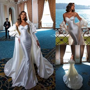 Niesamowite sukienki ślubne syreny spaghetti paski dekoltowe sukienki ślubne z odłączonymi długimi rękawami tafta Plus size na plaży vestido de novia 415