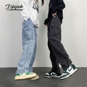Fjaganto män jean byxor japanska retro tvättade raka brett ben jeans lösa stor pocket par hip hop street denim male 220328