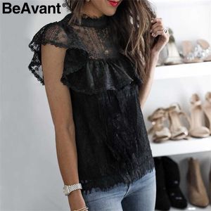 Beavant vintage ruffle spets kvinnor blusar och toppar broderi vit blus skjorta topp kvinnlig o nack sommar elegant blusa svart 210709