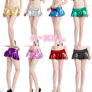 Kjolar guld glänsande sexig låg midja luminös miniskirt kvinnor metallisk faux läder veckad nattklubb bar pu fantasy mini kjolar