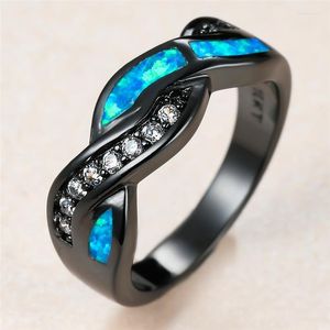 Wedding Rings Classic Female Blue Opal Stone Ring Charm 14KT Black Gold For Women Luxury Bride Crystal Geometry Engagement RingWedding Edwi2
