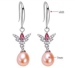 S925 prata 7mm 7 mm de zircão de zircão de borboleta gancho de ouvido Bolida de água doce natural brincos de pérolas brancas rosa roxo/garotinha jóias de moda