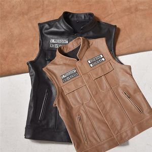 Gilet in pelle da motociclista con lettera Toppa con teschio Giacche senza maniche originali da uomo Gilet in pelle di vacchetta Gilet da uomo marrone nero