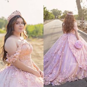 Pink 3D Flower Quinceanera Dresses Lace-up Back Sweet 16 Dress Off the Shoulder Beaded Ball Gown Party Gowns