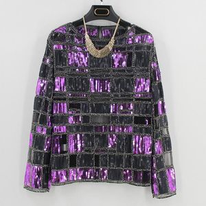 Dames Blouses Shirts Luxe Sexy Lovertjes Kantoverhemd Zware Industry Square Beading Mesh Club Lange Mouw Holle Gaas Dance Party Tops