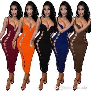 Hollow Out Long Dresses Tank Strap Women Designer Clothes Deep V-neck Casual Evening Party Sexy Night Club Dress