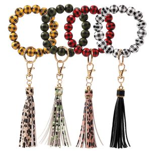 Buffalo Plaid Wood Bead Bracelet Jewelry Black White Check Leopard Tassel Keychains Bangle Anti Loss Fringe Bracelets Wrist Key Ring Pendant Bag Accessories B8004