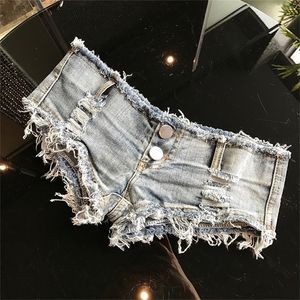 Verão Femme Curta Cintura Baixa Thong Jeans para Mulheres Micro Bikini Mini Curto Sexy Womens Denim Shorts Night Clubwear Blue 220419