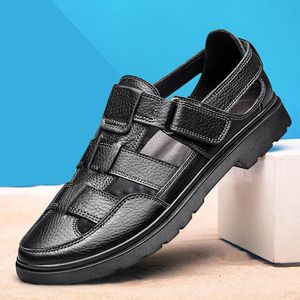 Genuine Men s Leather Sandals Summer Breathable Hollow Shoes Man Beach Sandal Classic Black Nice Flats for Malesandals Shoe Claic Flat Maleandal