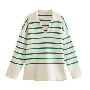 Green Striped Oversize Sweater Woman Knit Loose Casual Pullover V Sailor Neck Long Sleeves Tops Classic Korean Fashion Chic 220817