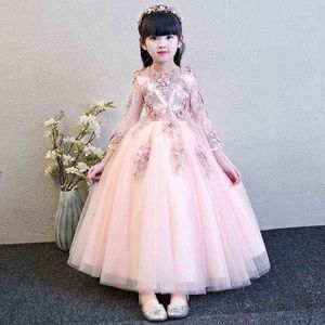 Elegant Pink Tulle Flower Girl Dress for Wedding Long Sleeve Appliques Kids Party Prom Dress First Communion Dresses Princess Y220510
