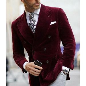 Burgundy Double Breasted Velvet Mens Blazer Elegant Single Coat Smoking Male Suit Dinner Jacket with Big Peaked Lapel Costume 220409