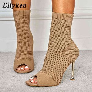 Sandalet Eilyken Yeni Tasarım Kadın Ayak Bileği Çizmeler Peep Toe Örme Streç Kumaş Seksi Cut-Out Ince Yüksek Topuklu Ayakkabı 220317