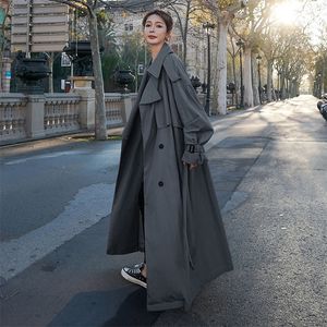 Estilo Coreano Solto Oversized Xlong Womens Trench Coat Doublebreasted Belted Lady Cloak Windbreaker Primavera Outono Outerwear Cinza 220726