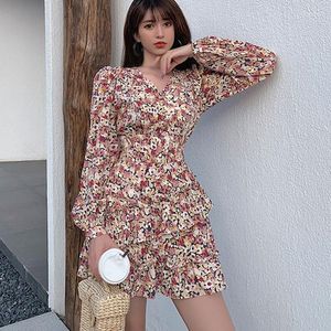 カジュアルドレスJlong Long Puff Sleeve Floral Print SweetハイウエストドレスかわいいフリルVestido Kobieta sukienka femme