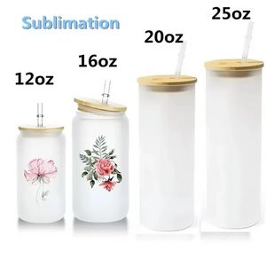 50pcs/carton 12oz 16oz 20oz 25oz Sublimation Glass Can Tumbler Clear Frosted Jar con coperchio in bambù Bocca larga Beer Cup Festival Party Wine Tumblers 0327