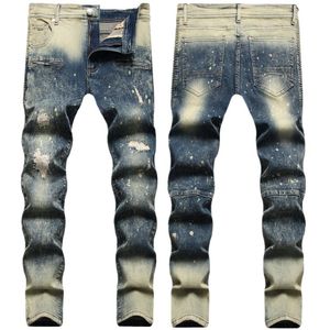 Męskie dżinsy Naszywka w stylu hip-hopu Męskie Retro Zapinany na zamek Biker Denim Męskie Nostalgiczny Rozciągliwy Mały prosty Podarte dziury Męskie Rozmiar plus Męskie