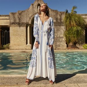 JASTIE BAHIA MAXI DRESS WOMEN SUMMER FALL LENG SLEEVE EMBROIDERY VINTAGE LONG DROSE BOHO BEACH HIPPIE LOOSE VESTIDOS MUJER 210319