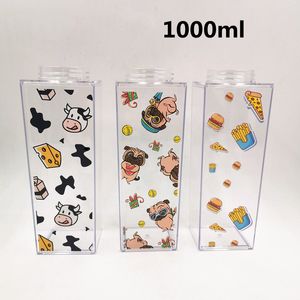 1000ml Transparent Milk Water Bottle Drinkware Shaker Sports Square Milk Water Juice Coffee Bottle Tour Outdoor Drinking Cup