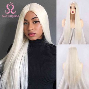 SUe EXQUISITE Synthetic Wigs For Women Long Straight Platinum Blonde Wig Cosplay for Party Daily Heat Resistant Fiber220505