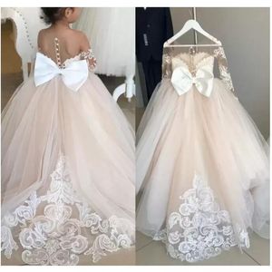 Stock 2-14 Years Lace Tulle Flower Girl Dresses Bows Children's First Communion Dress Princess Ball Gown Wedding Party Dress C072213