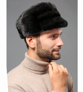 Männer echter Nerzfell -Hut Winter mit Mütze Kopfbedeckung Dicer Baskenmütze schwarz