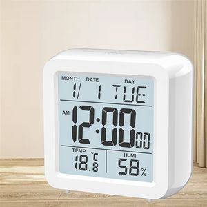 Digital Desktop LCD Snooze Calendario Sveglia Orologio da camera bianco con termometro Igrometro per uso domestico a batteria 220426