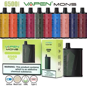 Authentic Vapen Mons 6500Puffs Disponibla E Cigaretter Kit Vape Device 16 ML E-Liquid Mesh COIL AIRFLOW JUSTERABLE TYP-C RECHARGEABLE LEATHER PATCH DESIGN MOD VAPOR