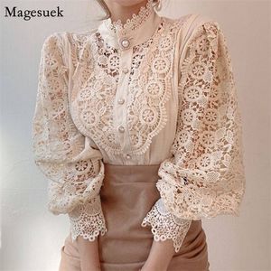 Vintage sólido branco laço blusa camisas mulheres coreanas botão solto camisa tops feminino oco casual senhoras blusas blusas 12928 220407