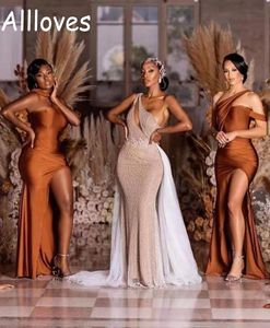 Caramel Long Bridesmaid Dresses For Black Girls Sexy Mermaid Floor Length Side Slit African Maid Of Honor Gowns Plus Size Ladies Wedding Guest Party Dress CL0118