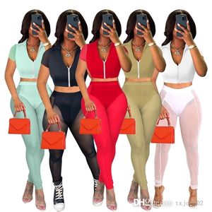 2022 Womens Tracksuits Fashion Sexy Mesh Splicing Zipper Short Sleeve Yoga Pants Outfits Ladies Summer 2 Piece Matching Set