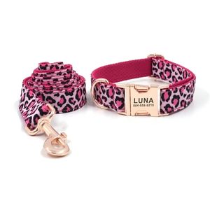 Personalized Dog Collar Customized Pet Collars Free Engraving ID Nameplate Tag Pet Accessory Pink Leopard Puppy Collar Leash Set 220610