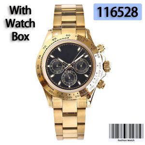 Relojes de oro para hombre de fábrica 116528 Champagne Montreux lujo súper luminoso Movimiento de cronógrafo impermeable de zafiro de acero inoxidable con caja de reloj