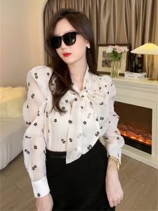 Spring summer new women's lacing bow collar long sleeve print flower chiffon blouse shirt tops SMLXL