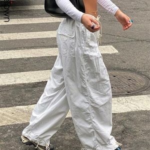 Sweetown Casual Baggy Wide Leg Heatpants White Losse Drawstring Lage Taille Streetwear Cargo Pants Dames Hippie Joggers Broek