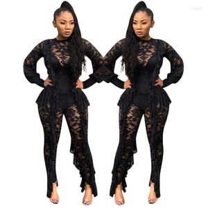 Kvinnors jumpsuits rompers RMSFE 2022 Formell Office Lady Lace Hollow Out Womens Jumpsuit Sexig mode kortärmad träning sportig