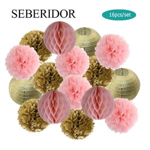 Gold Pink Set Round Paper Lantern Ball Honeycomb DIY Pompom 6" 8" 10" 12" For Baby Girl Boy Baptism Unicorn Wedding Party Favor 220527