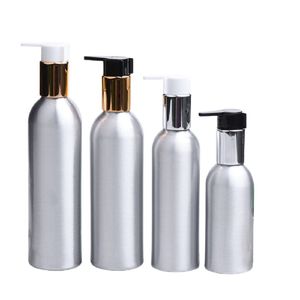 30ml 50ml 100ml 120ml bottiglia vuota rotonda in alluminio riutilizzabile pompa per lozione per pressa in argento dorato confezione cosmetica portatile shampoo contenitore per gel doccia