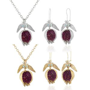 Pendant Necklaces Vintage Fruit Red Pomegranate Jewelry Set Gemstone Earrings