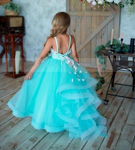 Vestidos de menina Turqueise Tulle 3D Flowers A-Line Flower Girl Dress para Casamento sem costas Kid Carol