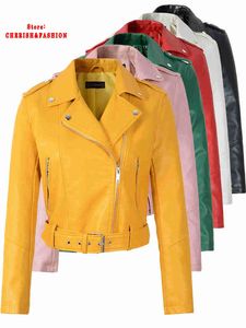 New Arrival brand Winter Autumn Green Motorcycle leather jackets yellow women coat slim PU Leather L220728