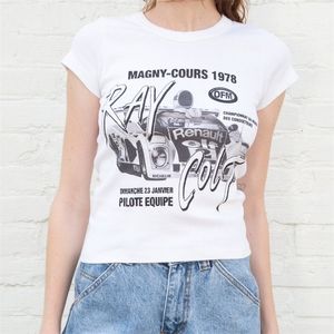 Vintage Seksi Ince Kırpma Üst Kadın Mektup Baskı Desen Pamuk Kısa Kollu Tee Gömlek Yaz Rahat Streetwear T Gömlek Kadınlar 220408